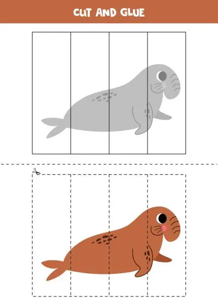 Vector illustration of Cut and glue game for kids. Cute cartoon elephant seal.