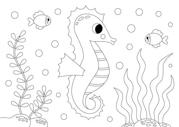 Vector illustration of Vector illustration of black and white cute seahorse underwater. Coloring page.