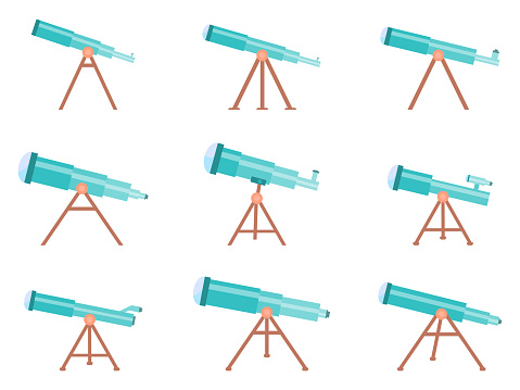 Telescope icon set isolated on white background. Telescope on a tripod. Telescopes of various types in flat style. Icon design for print, banners and advertising. Vector illustration