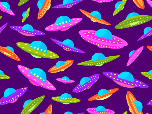 여러 가지 빛깔의 ufo 우주 접시가 있는 완벽한 패턴. 외계인 우주선과 우주 비행 접시를 배경으로 합니다. 외계인 우주선. 인쇄, 배너 및 광고를 위한 디자인. 벡터 일러스트 레이 션 - tile background video stock illustrations