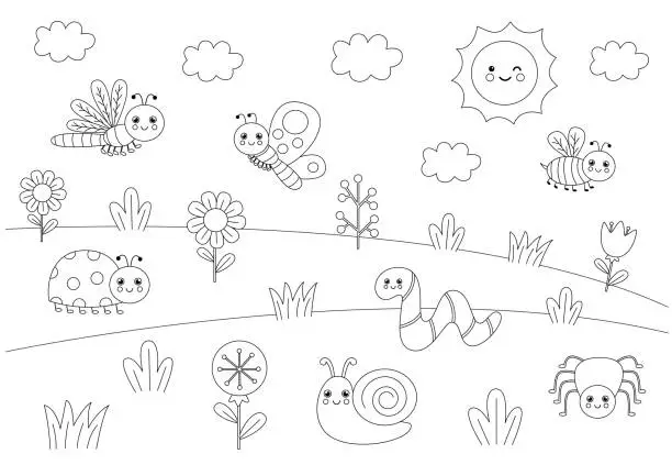 Vector illustration of Vector illustration of black and white cute insects in nature. Coloring page.