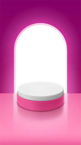 Vector illustration of Cylindrical platform for product or product presentation against a pink wall with an arch-shaped window. Vector realistic banner template. Vertical minimalistic 3d illustration.