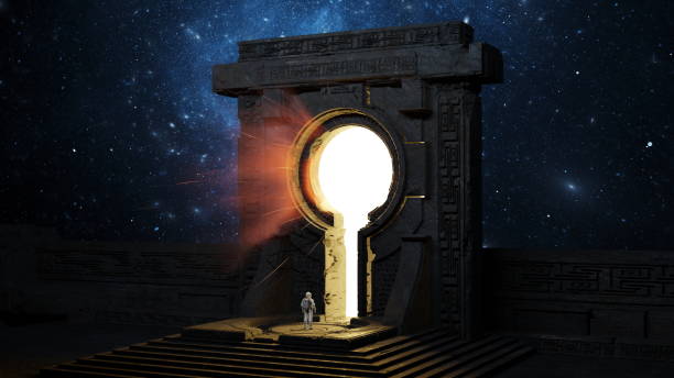 istock Astronaut facing an ancient portal emitting a bright light against the cosmic backdrop of stars.Cosmonaut and stargate doorway. 3d render 2052238855