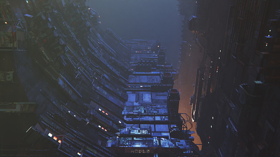 Surreal urban landscape, bathed in eerie blue light, depicts a futuristic cityscape amidst destruction and desolation. Spaceship in space. 3d render