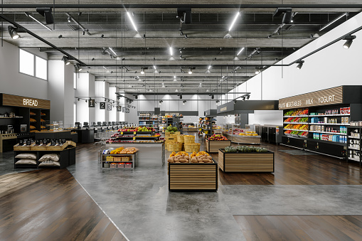 Front View Of Supermarket With Empty Aisles And Different Products On Shelves