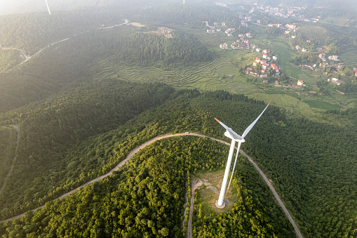 The forest mountains and wind turbines at dusk
