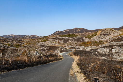 A view of the Hiraodai karst plateau taken immediately after the field burning that takes place around February every year.
