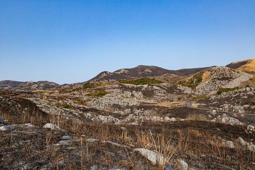 A view of the Hiraodai karst plateau taken immediately after the field burning that takes place around February every year.