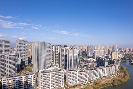 An aerial view of high-rise residential buildings in the city