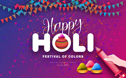 Happy Holi festival banner template with Holi powder color bowls on multicolor background. stock illustration