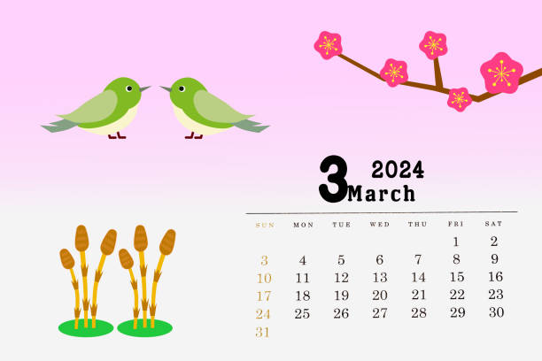a block with the letters of march and an image of spring - melodious warbler stock-grafiken, -clipart, -cartoons und -symbole