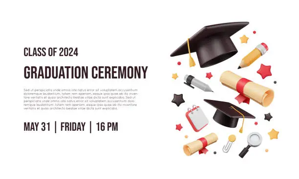 Vector illustration of Graduation ceremony banner template with arrangement of 3d vector elements.
