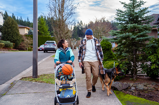 A toddler boy holds a basketball and rides in a stroller while on a walk with his Eurasian mom, dad and German Shepard pet dog. The multiracial family is enjoying a leisurely walk through their residential neighborhood on a cool winter day in Oregon.