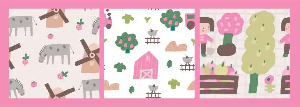 Vector illustration of Cute farm theme seamless patterns set