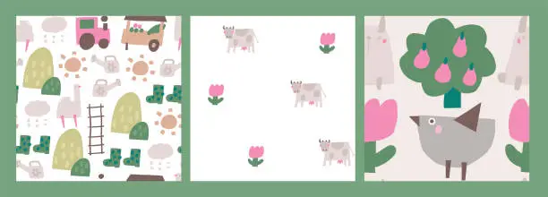 Vector illustration of Cute farm theme seamless patterns set