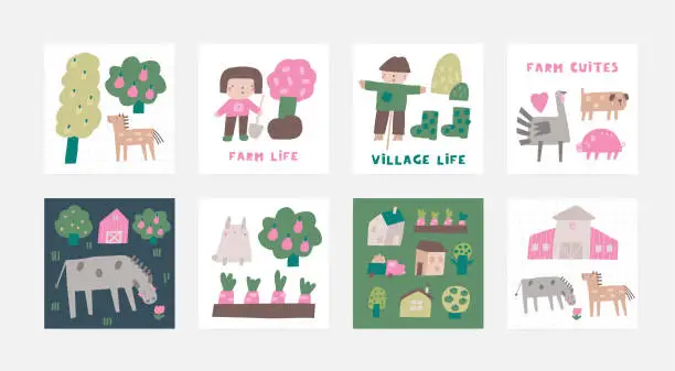 Vector illustration of Farm scene compositions with cute characters