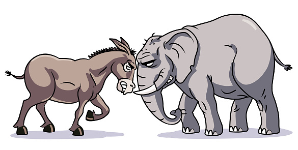 Vector illustration of a republican elephant and a democratic donkey facing off. Concept for US politics, party masctos und symbols, elections, confrontation and presidential election.