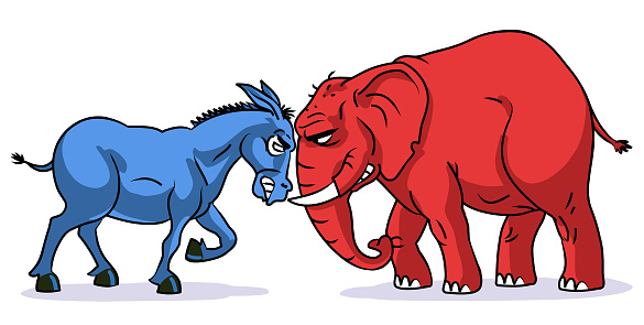 Vector illustration of a red republican elephant and a blue democratic donkey facing off. Concept for US politics, party masctos und symbols, elections, confrontation and presidential election.