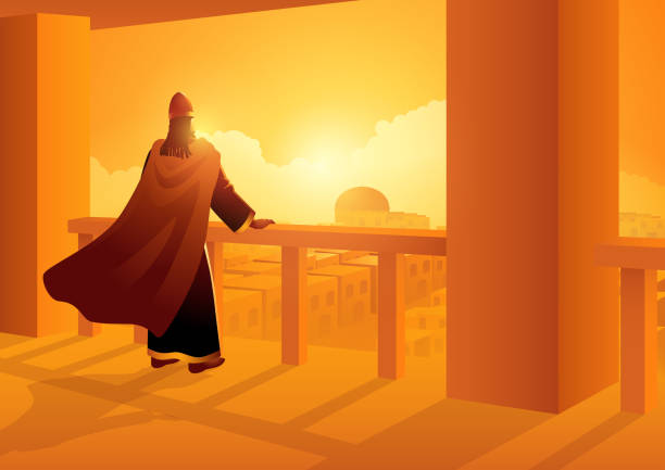 Biblical vector illustration series, featuring the iconic King David atop a rooftop, gazing upon the ancient city of Jerusalem
