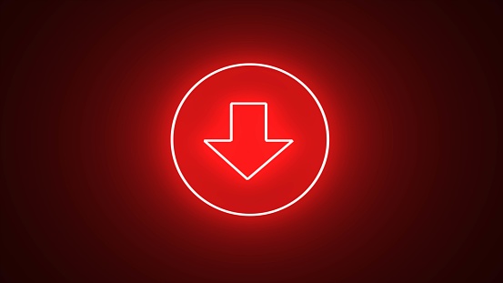 Download button icon, arrow symbol. Elements of web in neon style icons. downloading the file icon.  Simple icon for websites, web design, red neon on black background with red light.
