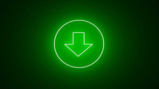 Download button icon, arrow symbol. downloading the file icon. Elements of web in neon style icons. Simple icon for websites, web design, red neon on black background with green light.