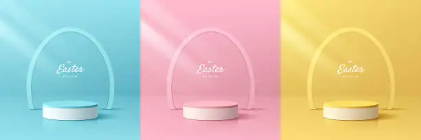 Vector illustration of Set of 3D happy easter day background Yellow, blue, pink and white podium with frames oval egg shape backdrop. Pastel minimal abstract room. Mockup product display. Geometric platforms. Stage showcase