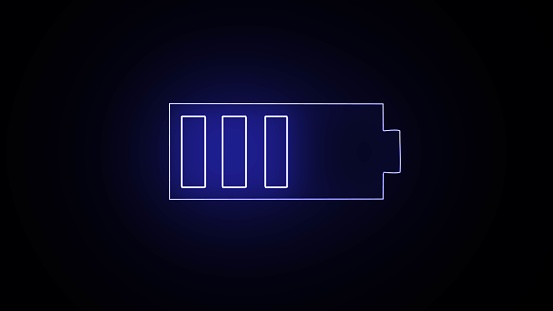 Neon battery power icon powerfully charged. Neon Battery charge level. Blue neon line battery charge level indicator icon isolated on black background. Battery icon illustration.