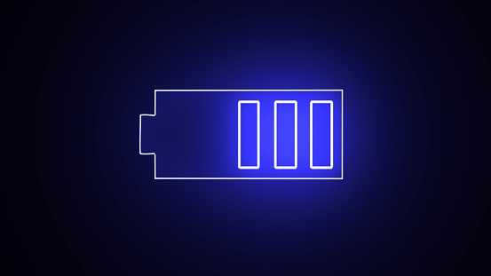 Neon battery power icon powerfully charged. Neon Battery charge level. glowing neon line battery charge level indicator icon isolated on black background. Battery icon illustration.