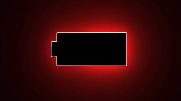 red neon line battery charge level indicator icon isolated on black background. Battery icon illustration. Phone with a low battery charge.