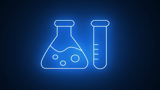 Glowing neon Laboratory chemical beaker with toxic liquid icon isolated on black background. neon Test tube sign. test tube glowing icon. Medical Icons. Laboratory glowing beaker sign.