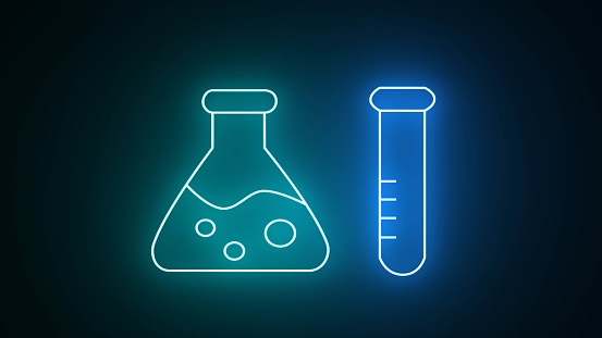 Neon glowing line Test tube and flask chemical laboratory test icon isolated on black background. Medical exploration, analysis test, chemical experiment, vaccine . Icon set, sign, symbol.