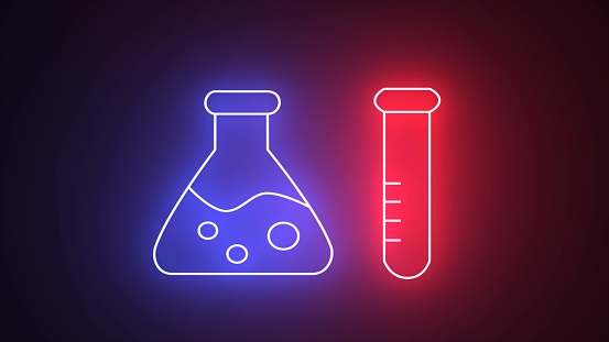 Neon glowing line Test tube and flask chemical laboratory test icon isolated on black background. Medical exploration, analysis test, chemical experiment, vaccine . Icon set, sign, symbol.