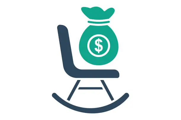 Vector illustration of Pension icon. rocking chair with money bag. symbolizing retirement savings, stability, and financial security. solid icon style. element illustration