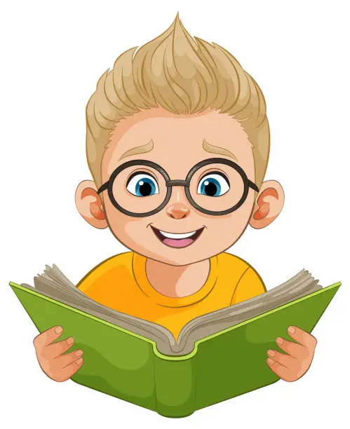Vector illustration of Cartoon boy with glasses reading a green book