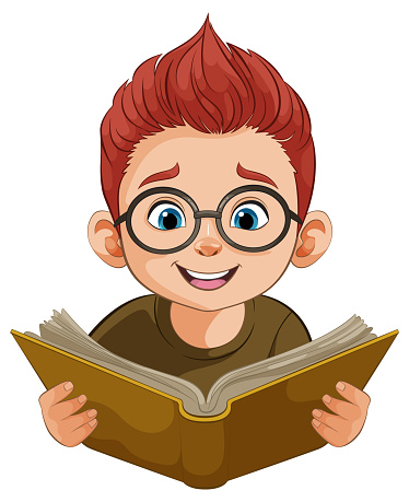 Cartoon boy with glasses reading a book intently