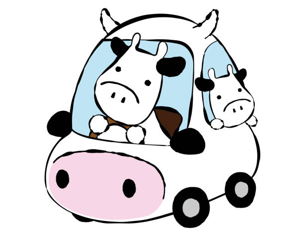 ilustrações, clipart, desenhos animados e ícones de uma família de vacas montadas em um carro em forma de vaca / material de ilustração (ilustração vetorial) - cattle drive