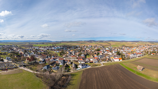 Aerial panorama view of Harmannsdorf in the Weinviertel region. A small rural town in Lower Austria, Europe.