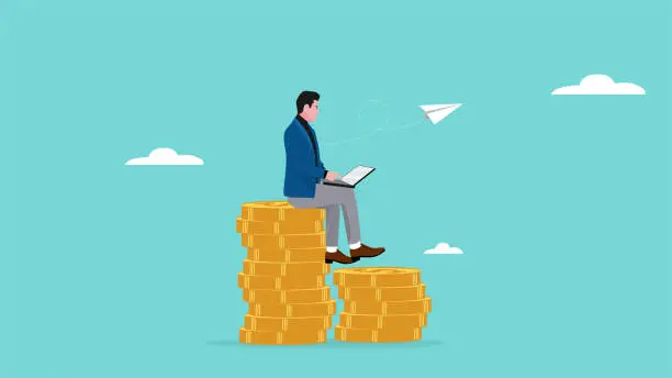 Vector illustration of businessman working using a laptop on a pile of golden coins, earn money from online business or work concept vector illustration