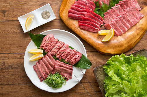 Overhead photography, grilled meat, home-cooked meal, dinner party, marbled Japanese beef