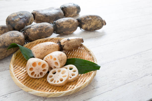 Stock photo showing close-up, elevated view of Renkon (lotus root) slices in a plastic serving tray of water as part of restaurant self service refrigerated buffet display.\n\n* Not AI modified *