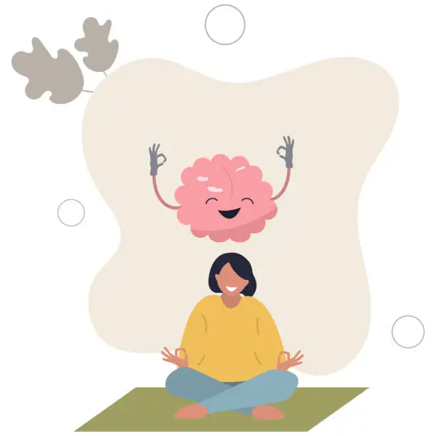 Vector illustration of Calm brain meditation to relax balance or mental wellness .Organ character with cute and funny peace control and mind focus.flat vector illustration.