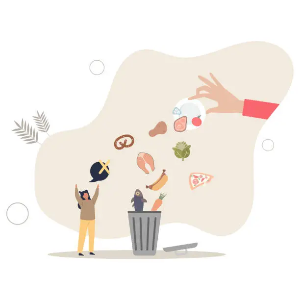 Vector illustration of Food waste and meal leftovers garbage reduce awareness.Throw away groceries in trash after shelf life end .flat vector illustration.
