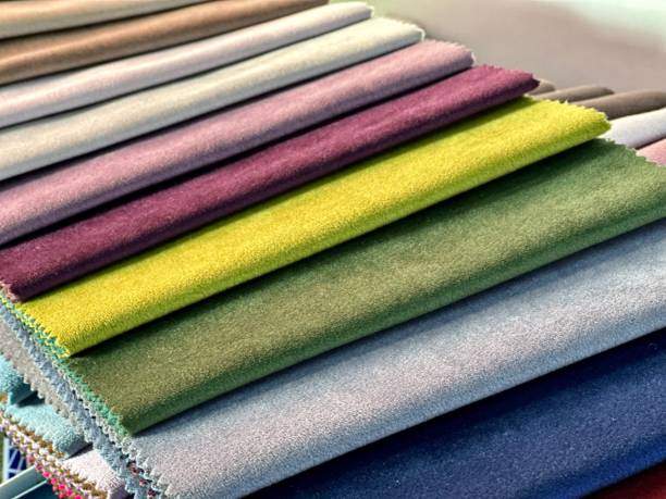 istock Bright collection of gunny textile samples. Set of fabric swatch samples texture. Samples of fabrics for furniture upholstery. 2052477478
