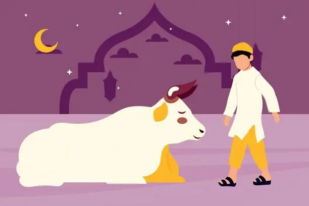 Vector illustration of The boy is standing next to the cow.