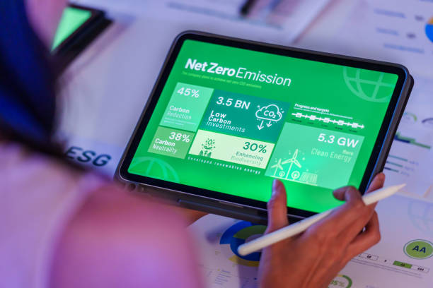 istock woman  analysis  net zero emission data on tablet screen in office  at night 2052529192