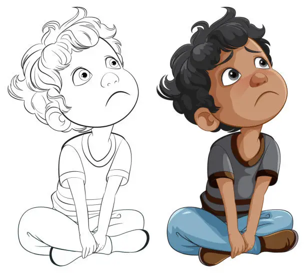 Vector illustration of Two cartoon kids sitting, looking thoughtful and worried.