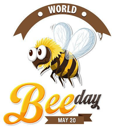 Cartoon bee with World Bee Day banner