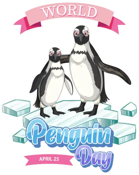 Vector illustration of Two penguins standing on ice, World Penguin Day banner
