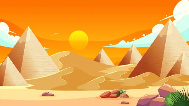 Vector illustration of Vector illustration of pyramids in a desert landscape