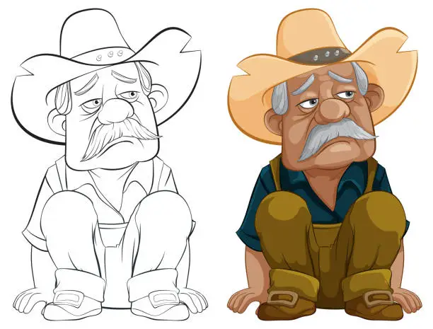 Vector illustration of Cartoon cowboy sitting with a thoughtful expression.
